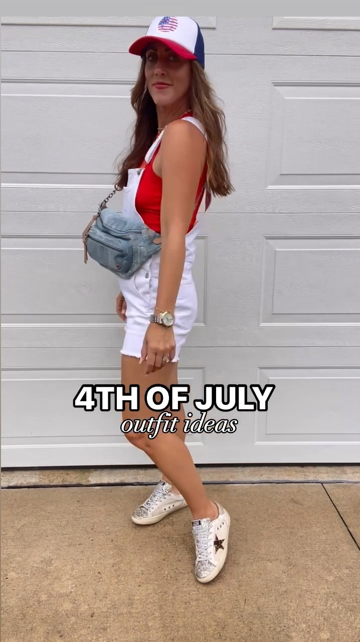 White overalls — size medium 
red tank - size small 
Red sweater tank - size small
Dark denim, utility shorts - size small 
USA sweater - size large 
Red ruffle swimsuit - size medium 

#LTKFindsUnder50 #LTKSaleAlert #LTKStyleTip