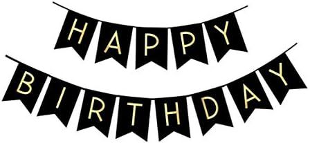FECEDY Black Happy Birthday Bunting Banner with Shiny Gold Letters Party Supplies | Amazon (US)