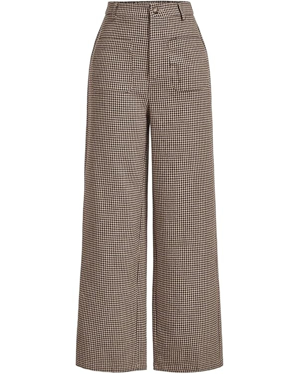 MakeMeChic Women's Plaid Dressy Pants Casual Wide Leg Pants Tweed High Waisted Trousers | Amazon (US)