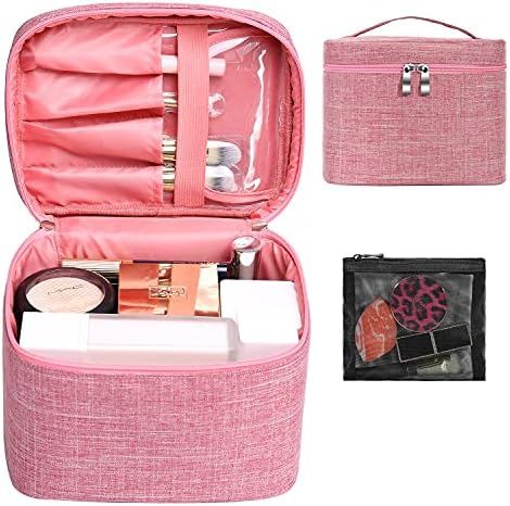 Makeup Bag Travel Large Cosmetic Bag Case Organizer Pouch with Mesh Bag Brush Holder Make Up Toiletr | Amazon (US)