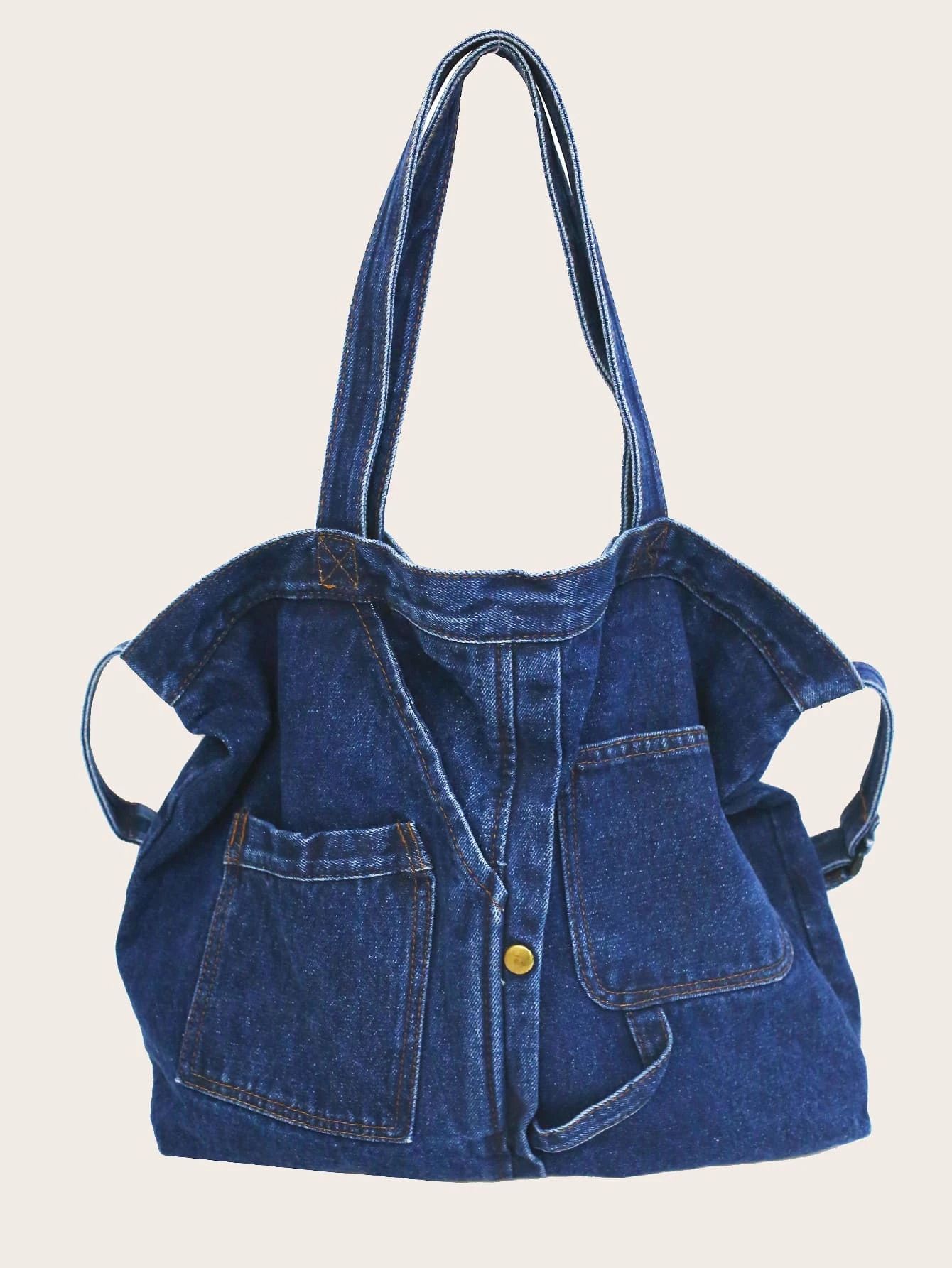 Pocket Detail Denim Tote Bag | SHEIN