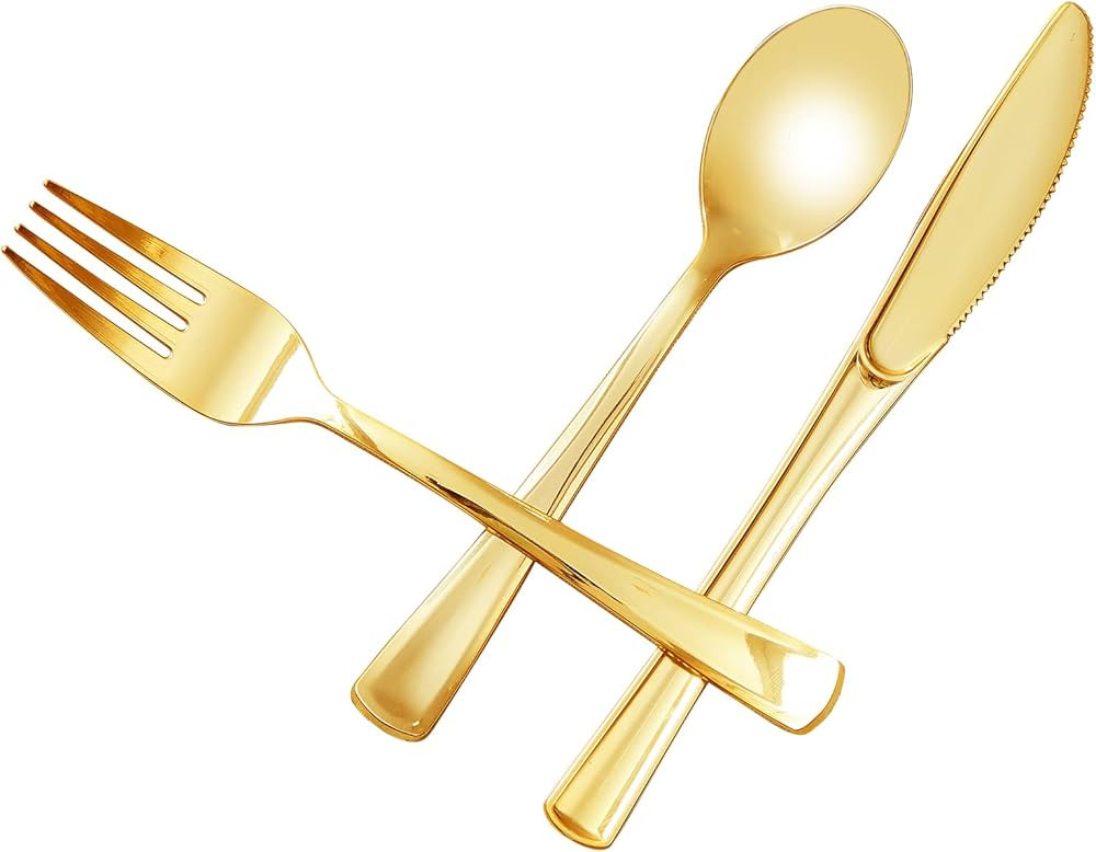 N9R 100PCS Gold Plastic Silverware - Gold Plastic Cutlery Set Disposable Flatware Dinnerware -50 ... | Amazon (US)
