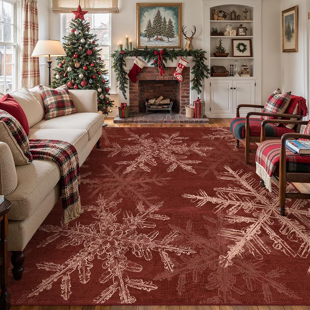 Christmas Area Rug 8x10 Christmas Living Room Carpet Red Snowflake Washable Bedroom Carpet Xmas H... | Amazon (US)