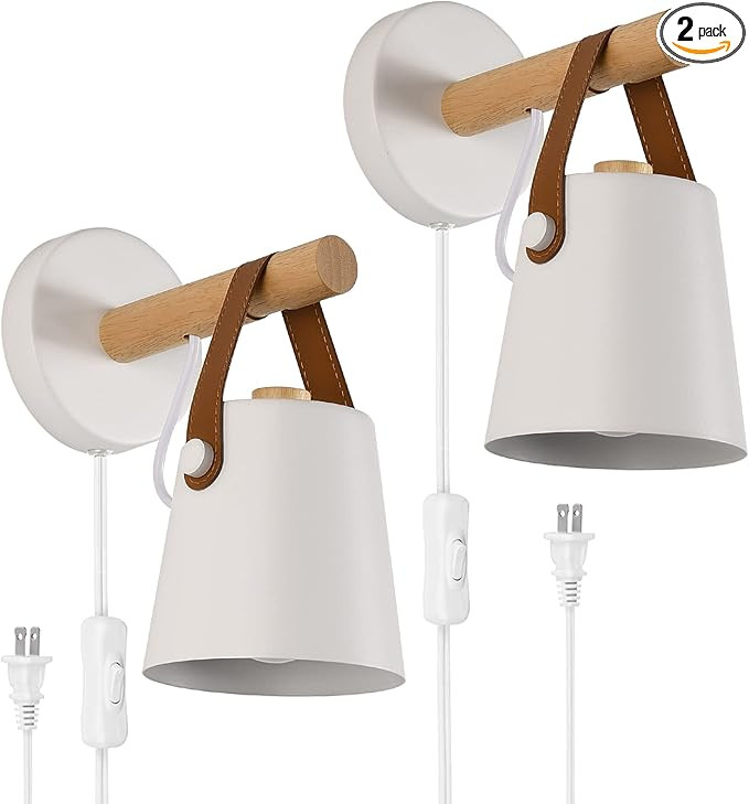 Wall Lamps for Bedroom Set of 2 Indoor Wall Sconce Plug in Cord White Modern Wooden Sconces Wall ... | Amazon (US)