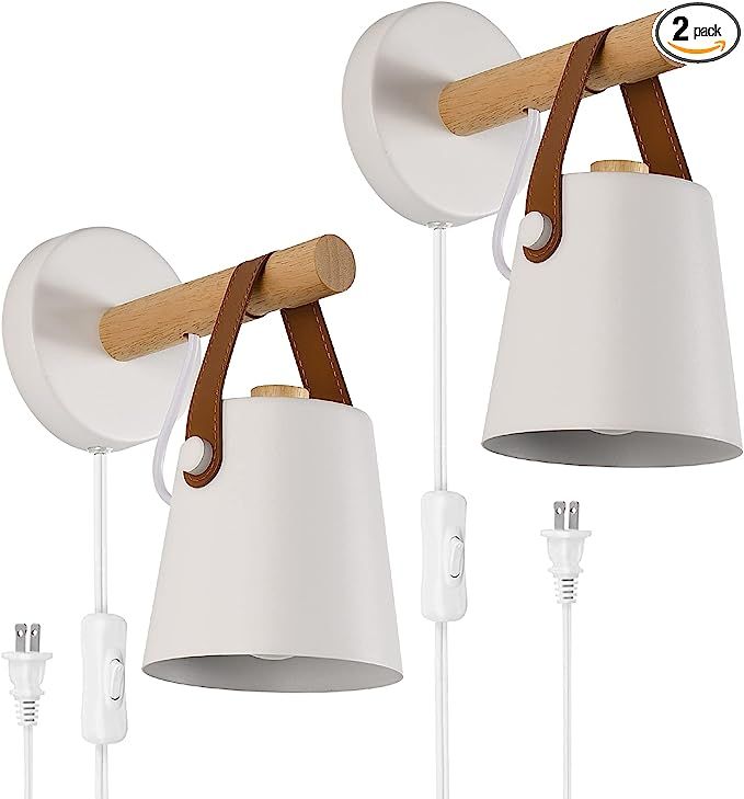 Wall Lamps for Bedroom Set of 2 Indoor Wall Sconce Plug in Cord White Modern Wooden Sconces Wall ... | Amazon (US)