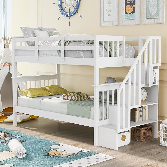 Ball & Cast Twin-Over-Twin Bunk Bed with Storage Ladder and Full-Length Guard Rail,Wood Bunkbed w... | Amazon (US)