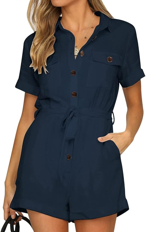 Vetinee Womens Summer Pockets Belted Romper Button Short Sleeve Jumpsuit Playsuit | Amazon (US)