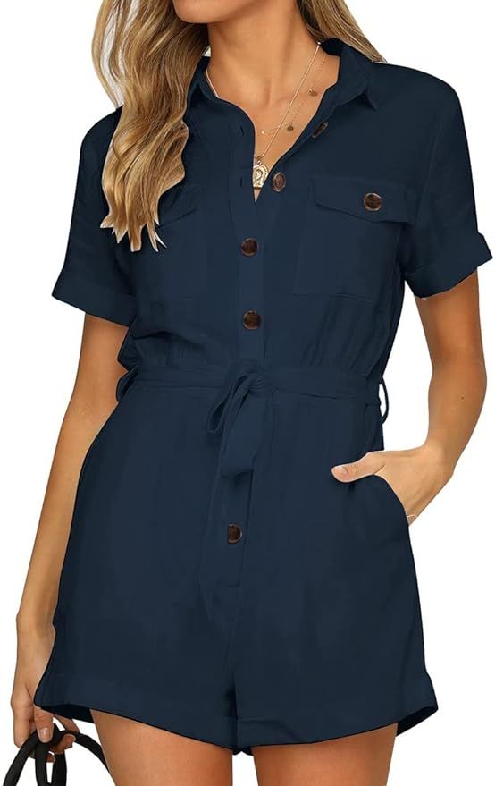 Vetinee Womens Summer Pockets Belted Romper Button Short Sleeve Jumpsuit Playsuit | Amazon (US)