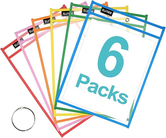 SUNEE 6 Packs Oversized Reusable Dry Erase Pocket Sleeves with Binder Ring, 6 Assorted Colors 10x... | Amazon (US)