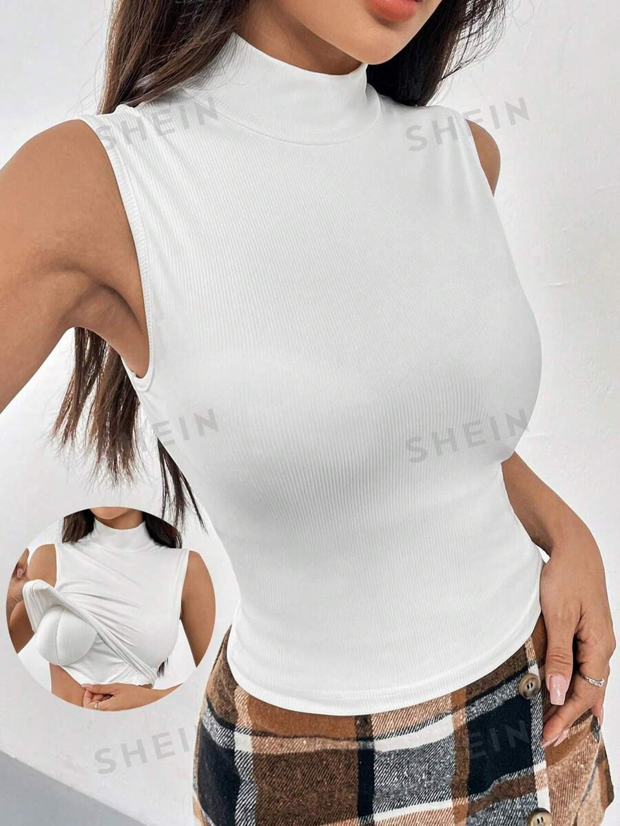 SHEIN Essnce Women's Summer Solid Color Stand Collar Fitted Casual Tank Top | SHEIN