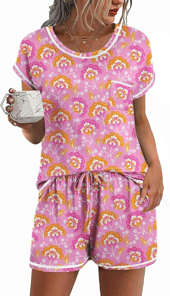 Ekouaer Womens Pajama Sets 2 Piece Soft Short Sleeve Top and Shorts Sleepwear Round Neck Pjs Loun... | Amazon (US)