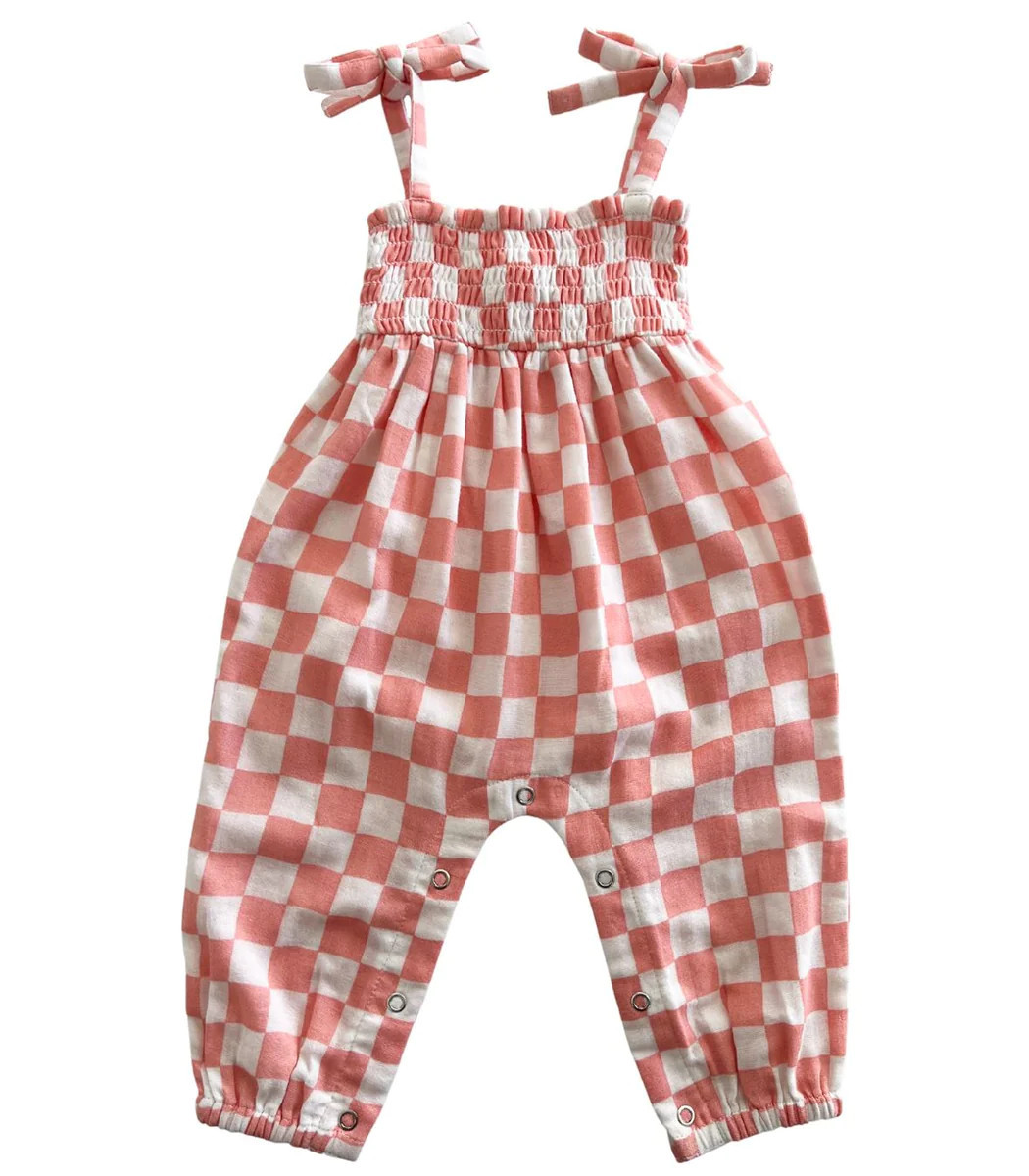 Organic Smocked Jumpsuit | Sorbet Checkerboard | Bohemian Mama