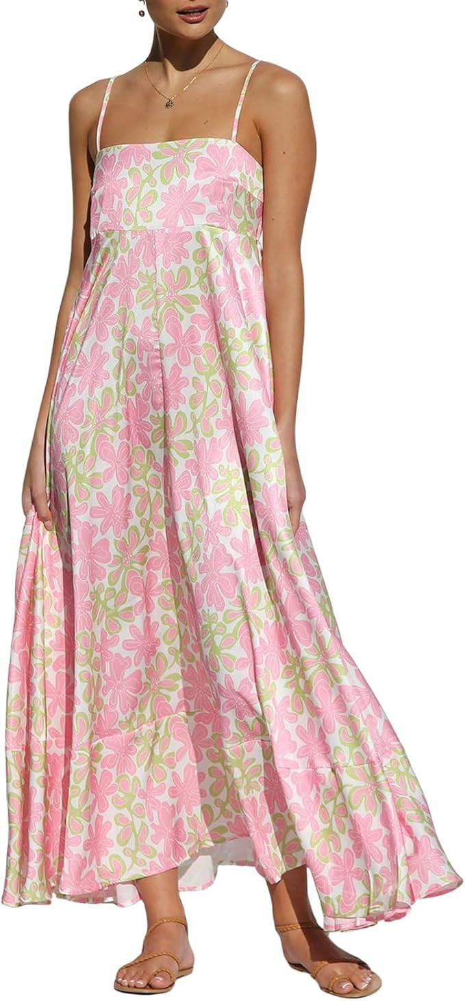 Women Graphic Maxi Cami Dress Spaghetti Strap Floral Boho Long Dress Flowy Summer Holiday Beach D... | Amazon (US)
