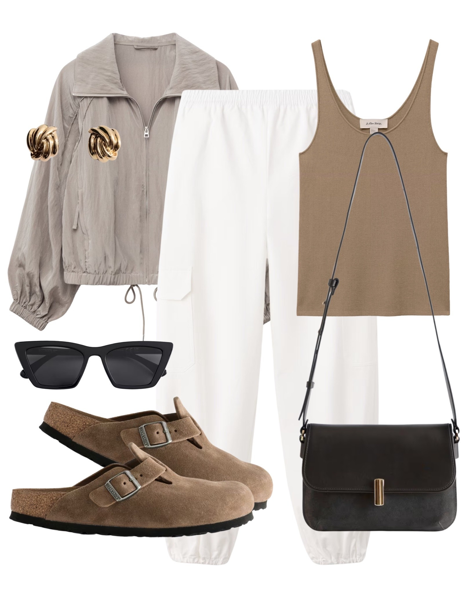 Soft neutrals and relaxed silhouettes give this outfit a calm, effortless vibe. The sporty zip jacket and cargo-style trousers feel casual yet polished when paired with suede clogs and sleek black accessories.🤍