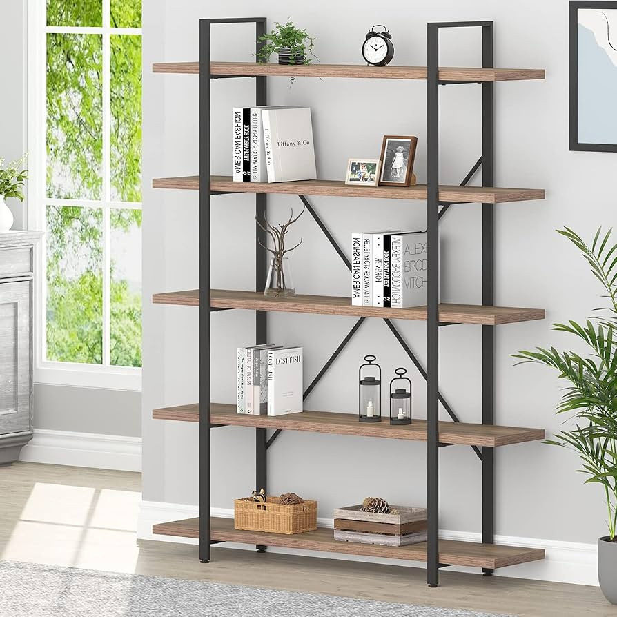 HSH Industrial Wood and Metal 5 Tier Bookshelf, Large Tall Open Rustic Wide Etagere Bookcase, Vin... | Amazon (US)