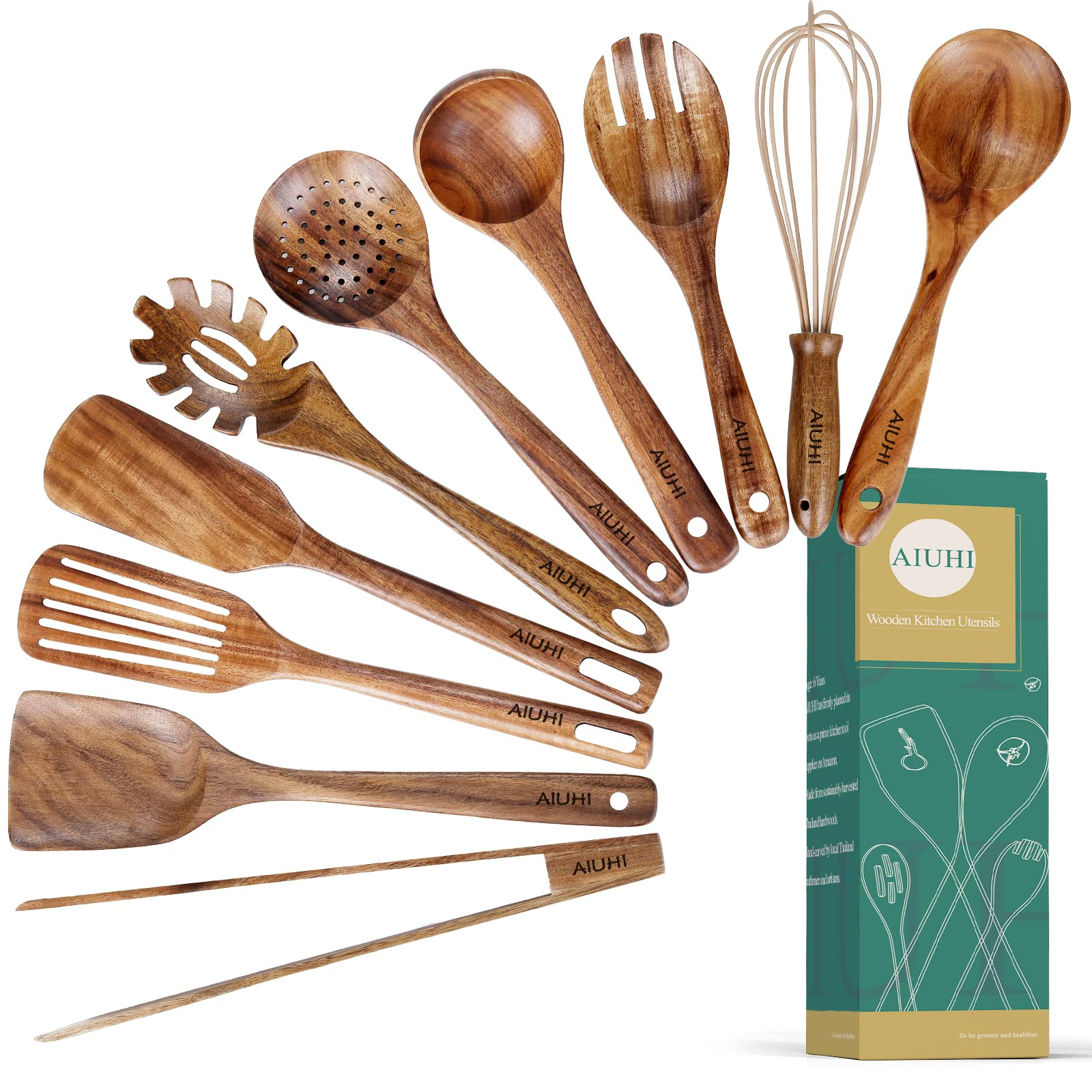 10 Pack Wooden Utensils for Cooking, Wood Utensil Set for Kitchen, Teak Wooden Spoon for Cooking,... | Amazon (US)