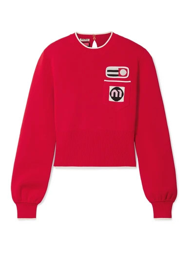 Miu Miu - Appliquéd Intarsia-knit Sweater - Red | NET-A-PORTER (US)