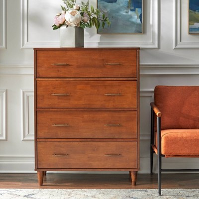 Lifestorey Ana Mid Century Modern 4 Drawer Chest Dresser Oak: Mid-century Style, Brass-Finished Handles, MDF Rubberwood Veneer | Target