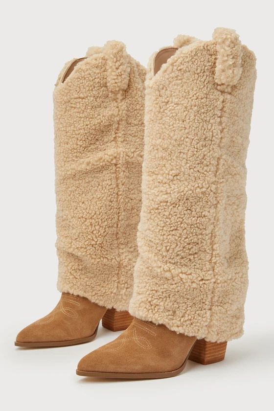 Lassy Tan Suede Faux Fur Foldover Knee-High Western Boots | Lulus