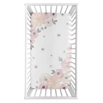 Sweet Jojo Designs Watercolor Floral Corner Floral Crib Sheet in Pink/Grey | buybuy BABY | buybuy BABY