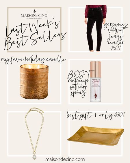 Last week’s best sellers include pretty velvet jeans for under $50, my fave candle, the cutest tray for only $30 (makes a great gift), and my fave makeup setting spray that’s SO good!!

#homedecor #giftguide #giftsforwomen #giftsforher #giftideas #holidayoutfit #holidayparty 

#LTKGiftGuide #LTKhome #LTKparties