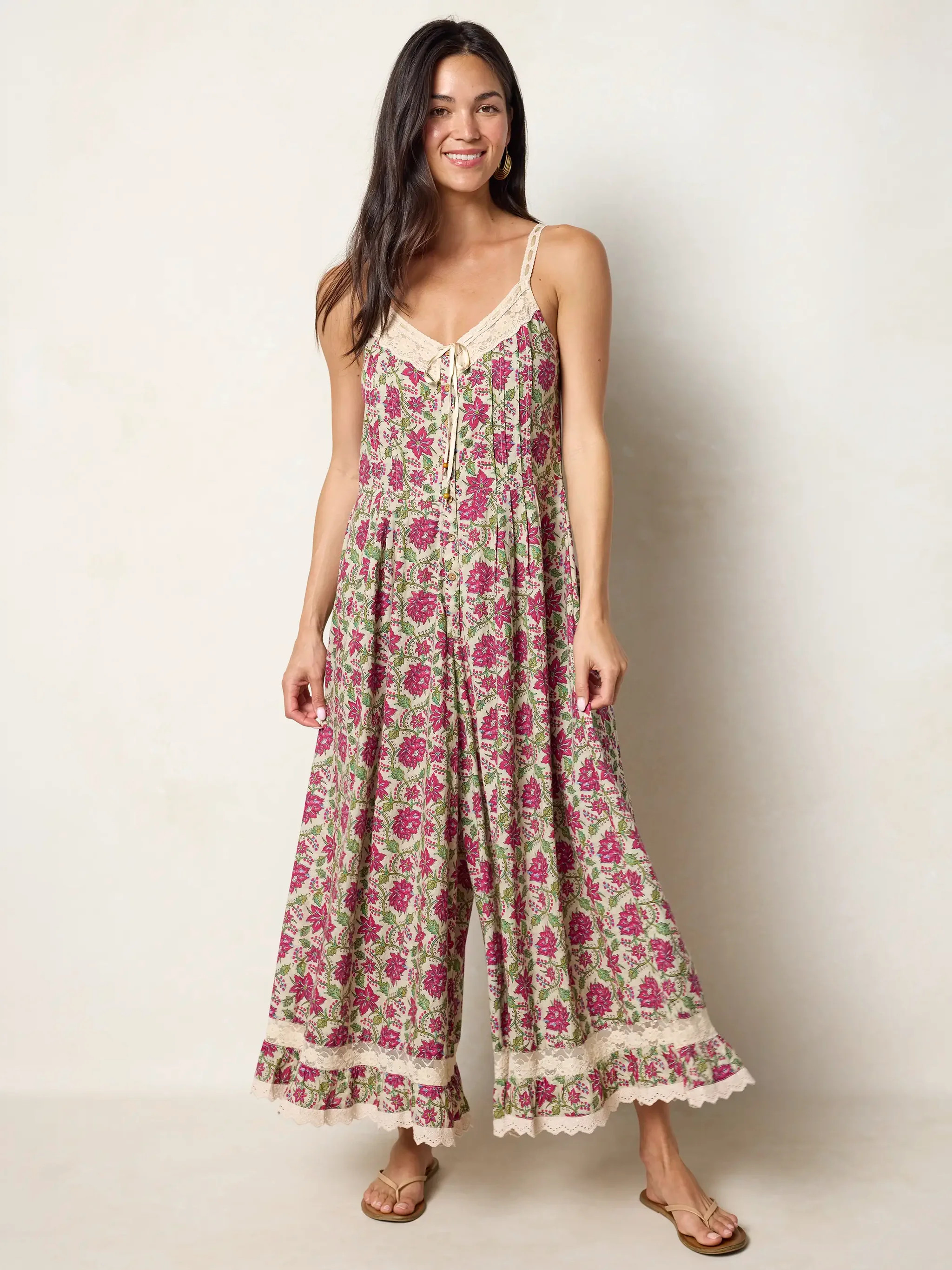Cotton & Lace Jumpsuit - Cream Pink Lotus | Natural Life