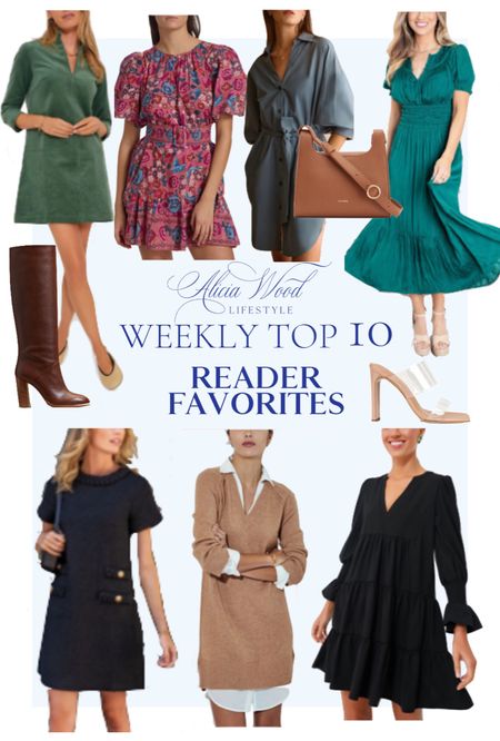 The Top 10 - the items you chose, purchased and loved the most!

Emerald Green Angelica Dress from Avara
Green Corduroy Shift Dress from Tuckernuck
Brown Leather Lorca Boot from Banana Republic
Cuyana Mini Double Loop Bag in tan
Floral Birds Puff Sleeve Mini Dress from Saks
Black Tweed Jackie Dress from Tuckernuck
Brochu Walker Layered V-Neck Sweater Dress 
Black Crepe Kenzie Dress from Tuckernuck 
Transparent Cool Sandal from Revolve
Brochu Walker Kate Belted Dress 


#LTKover40 #LTKstyletip #LTKSeasonal