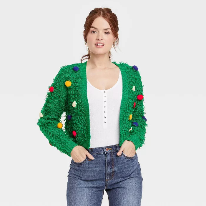Women's Holiday Pom Pom Graphic Cardigan - Green | Target