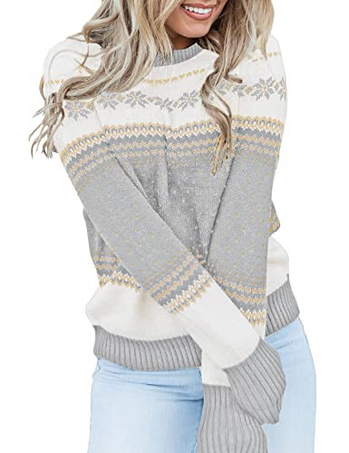 LookbookStore Women Winter Funny Holiday Knit Sweaters for Women Crewneck Long Sleeves Ugly Christmas Snowflake Grey Knit Sweater Pullover Tops Size Small | Amazon (US)