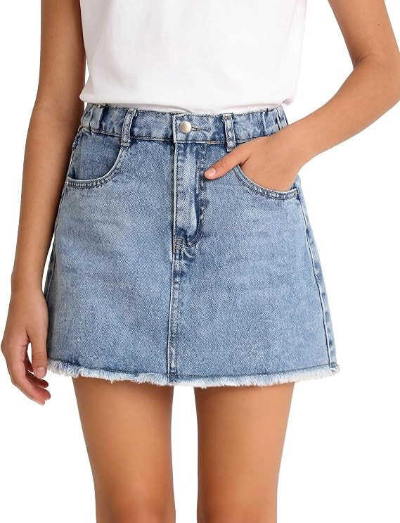 PATPAT Denim Skirt for Girls 5-14 Years, A-Line Mid Waist Mini Jean Skirt with Elastic Waistband ... | Amazon (US)