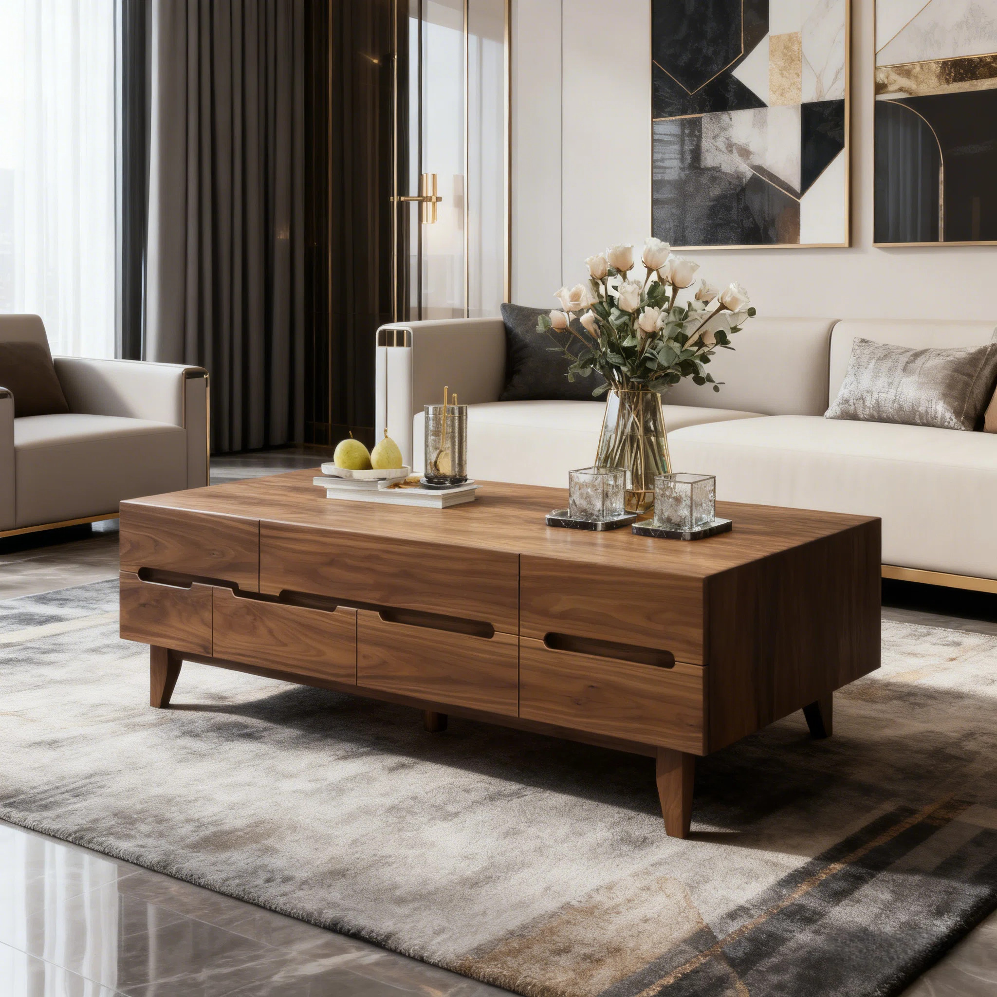 51.2'' Coffee Table Walnut Wood Coffee Table Rectangular Mid Century Modern Coffee Table Large Co... | Wayfair North America