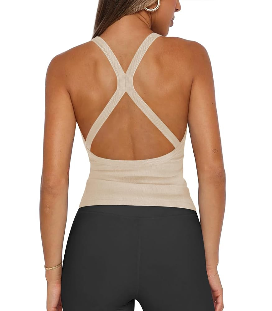 Womens Halter Tops Racerback Workout Tank Top for Women Plunge V Neck Split-Back Spaghetti Strap ... | Amazon (US)