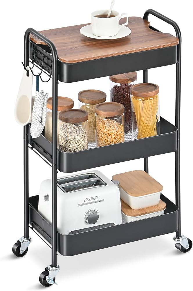 TOOLF 3-Tier Rolling Cart, Metal Utility Cart with Top, Storage Craft Cart with Wheels, Trolley O... | Amazon (US)