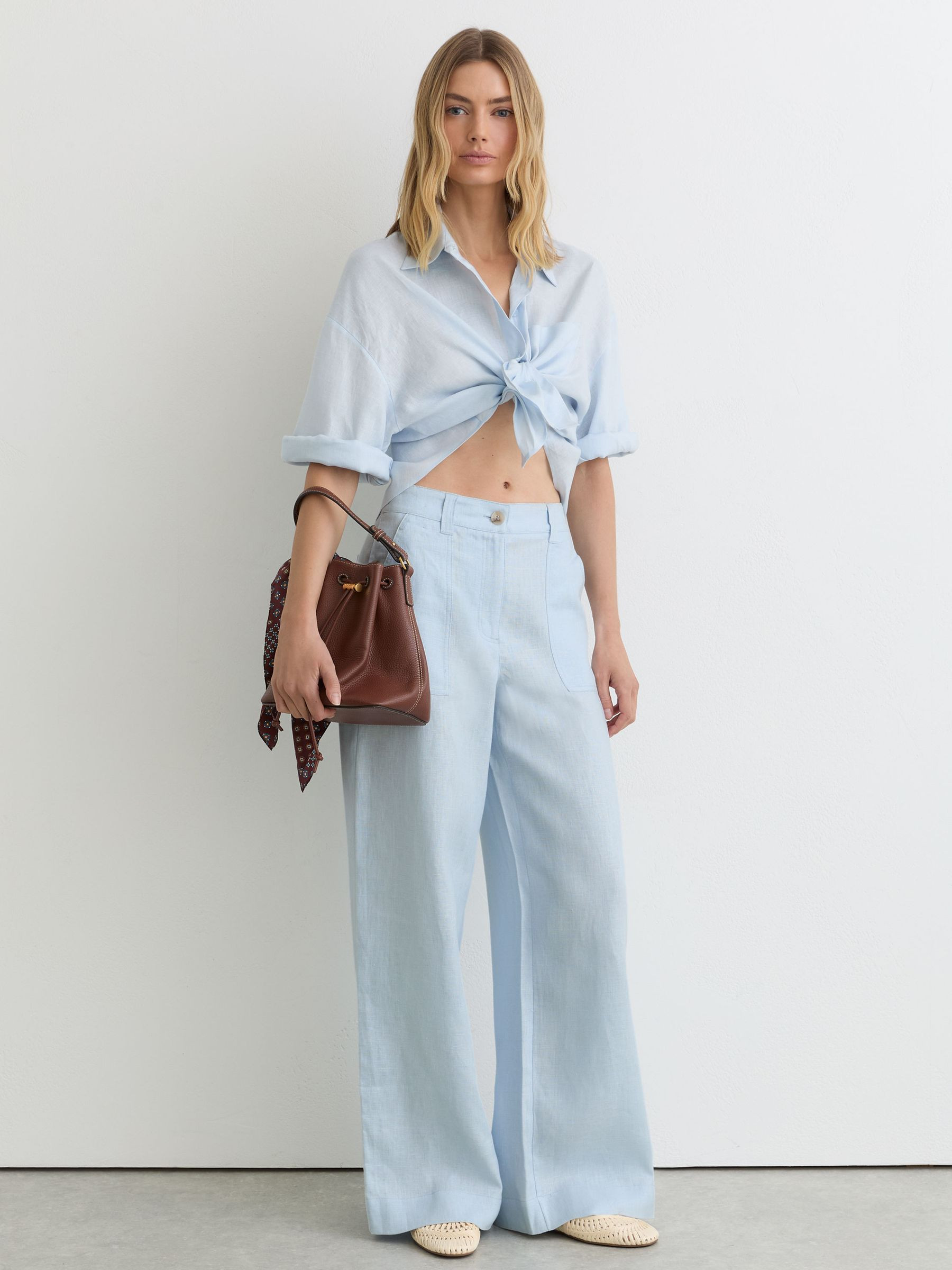 Reiss Linen Wide Leg Trousers in Dusty Blue | REISS | Reiss US