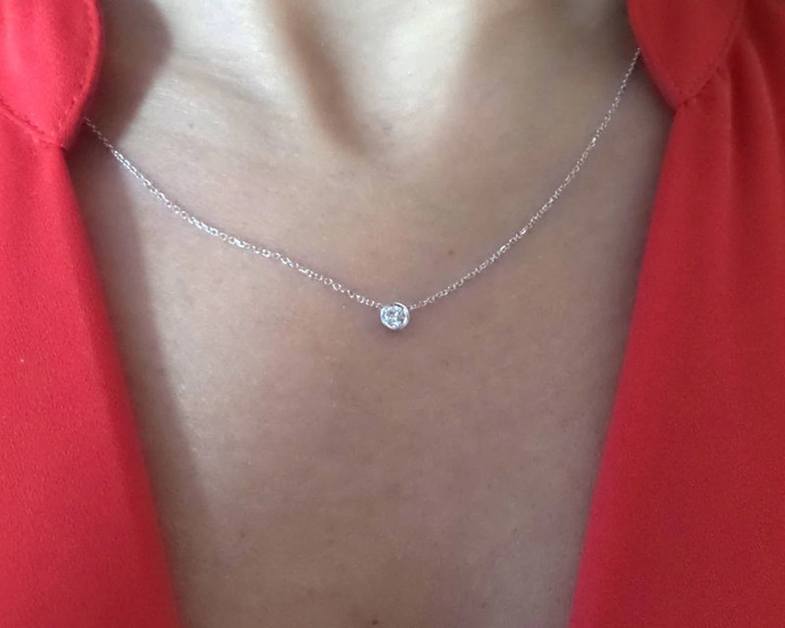 Diamond Necklace / Dainty Solitaire Necklace 14k White Gold / Diamond Bezel Necklace / Gold Diamo... | Etsy (US)