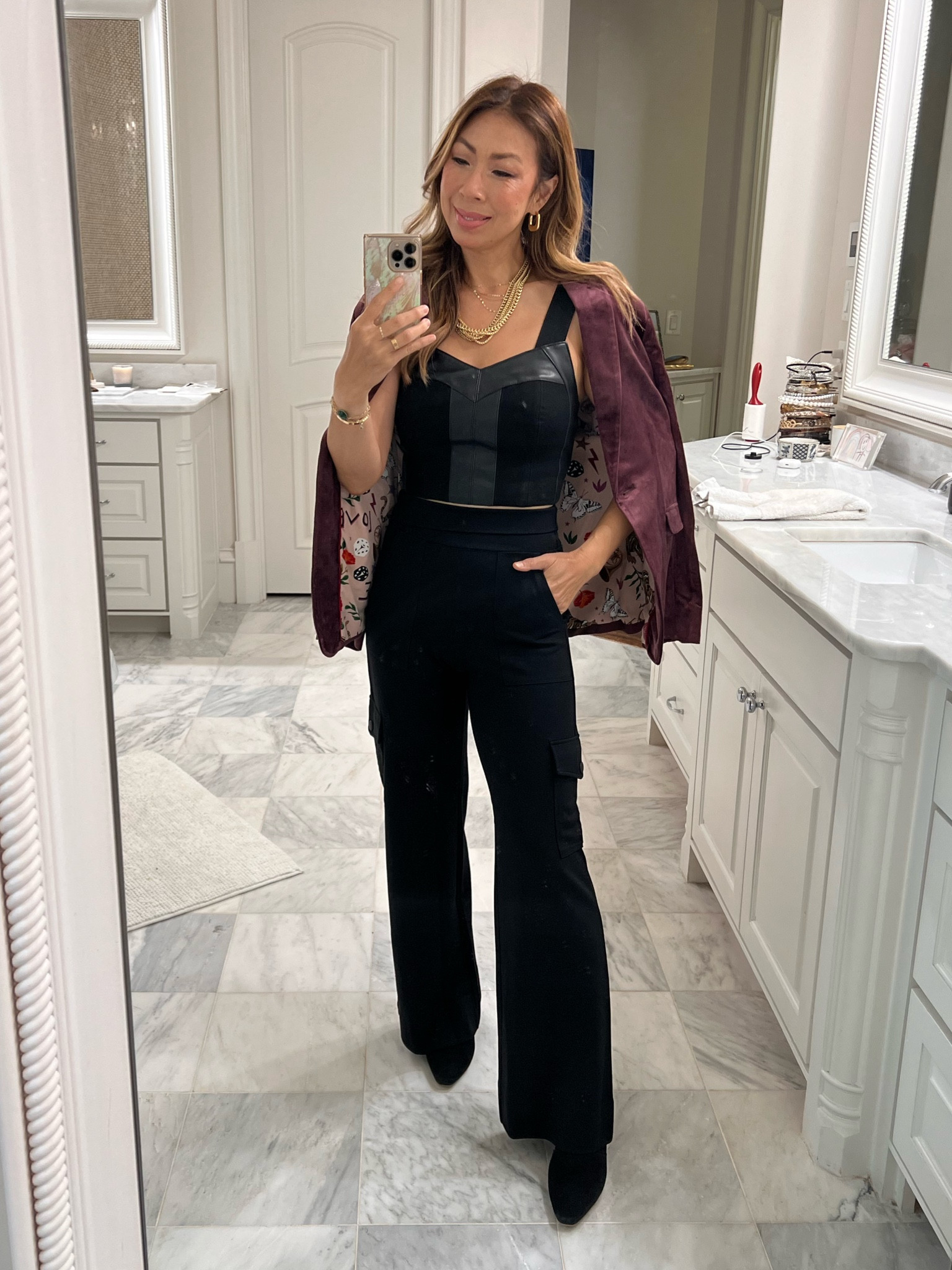 Cabi bordeaux velvet blazer, Jett bralette & wide leg cargo pants (size XS in both) 🤎🖤 Great Fall or going out outfit  #styleofsam #cabiclothing 

#LTKSeasonal #LTKover40 #LTKstyletip
