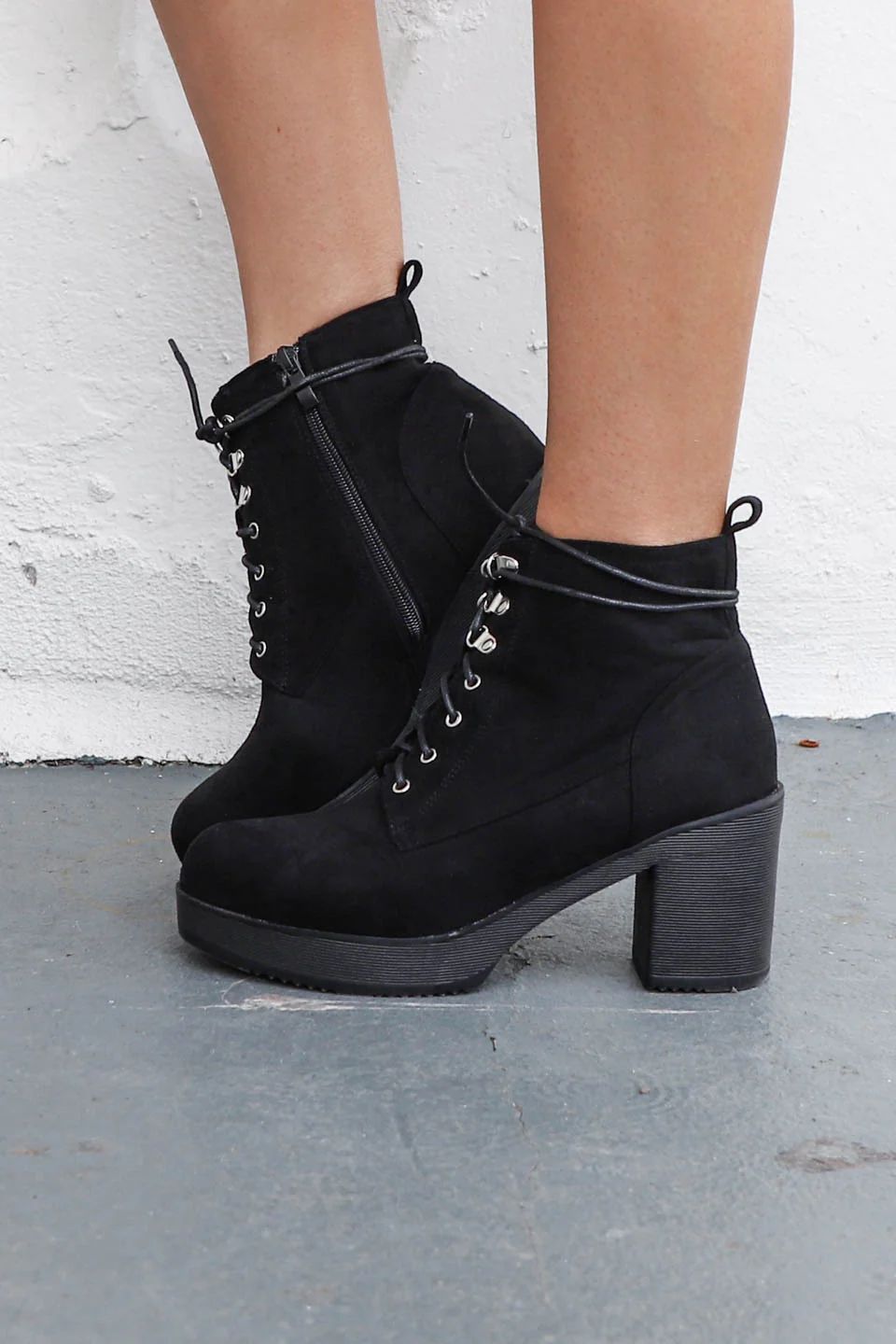 Be Good Faux Suede Black Combat Heel Boot | Amazing Lace