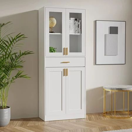 Cozy Castle 70 Tall White Display Cabinet Pantry Cabinet with Acrylic Glass Doors and Drawer China C | Walmart (US)