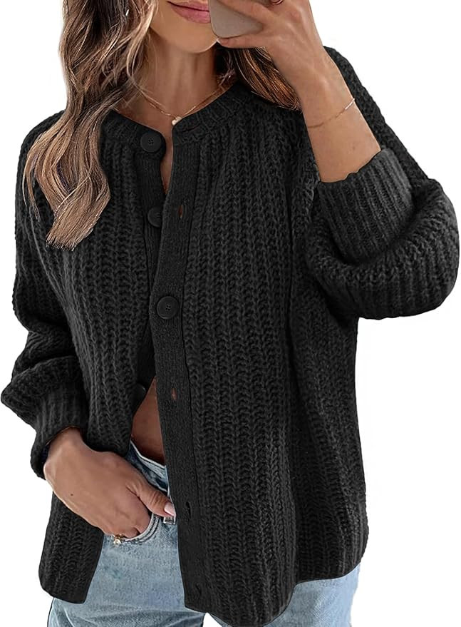 MEROKEETY Women's 2024 Long Sleeve Cardigan Sweater Crew Neck Button Ribbed Open Front Knit Outer... | Amazon (US)