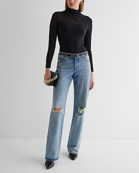 Fitted Mesh Sleeve Mock Neck Bodysuit | Express