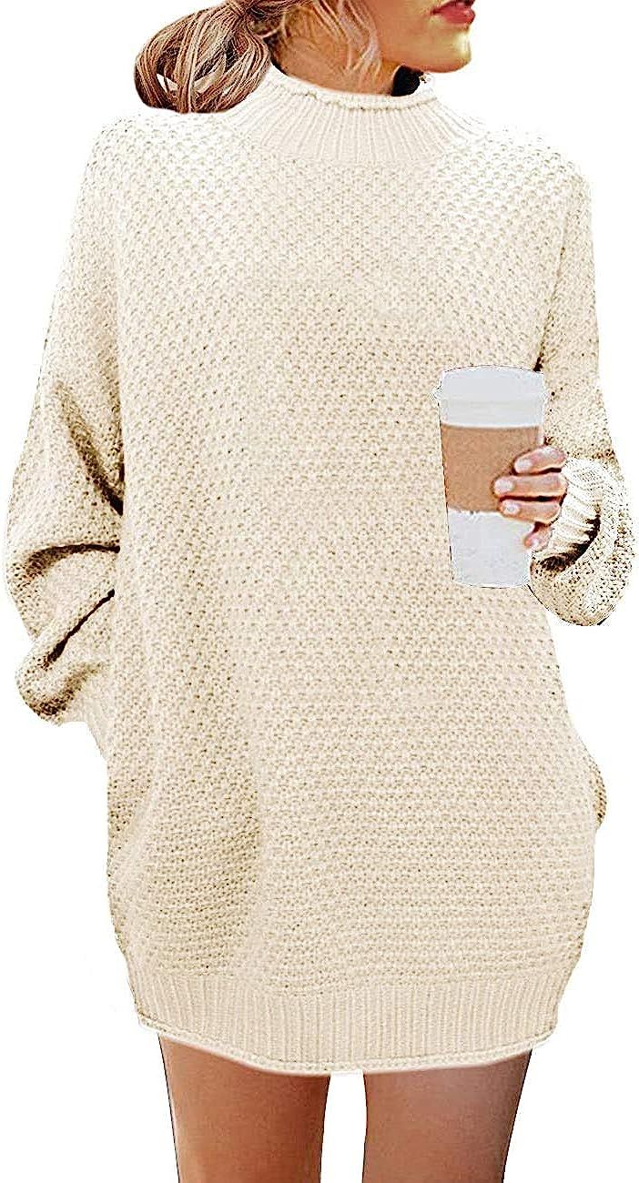 MEROKEETY Women's Turtleneck Long Sleeve Sweater Casual Loose Knit Sweater Dress with Pocket | Amazon (US)
