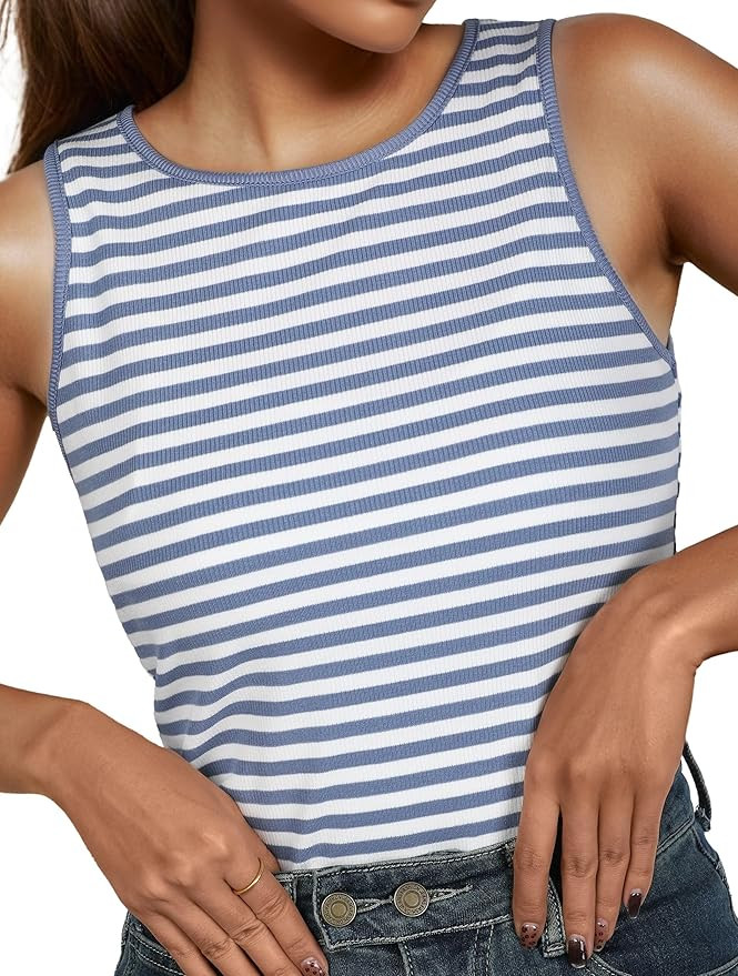 Women's Stripe Ribbed Knit Tank Tops Summer Casual Slim Fit Sleeveless Tops for Daily Wear | Amazon (US)