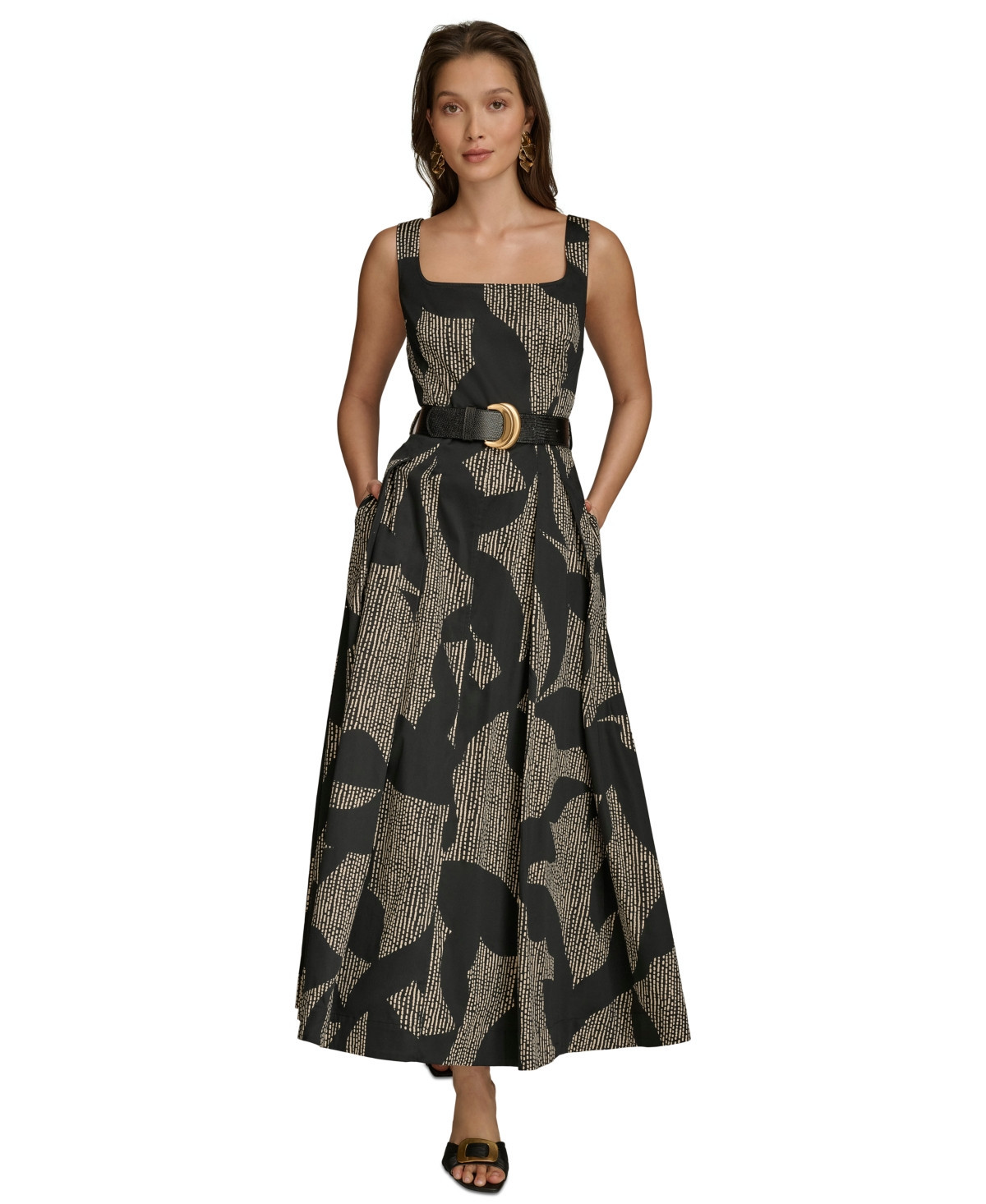 Donna Karan New York Women's Printed Square-Neck Belted Dress - Black/Sand | Macy's