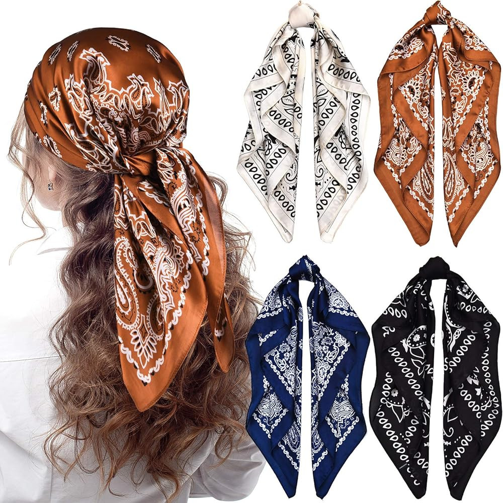 4 Pieces 27 Inch Satin Headband Scarves Silk Feeling Bandana Boho Head Scarves for Women Girls (Navy | Amazon (US)