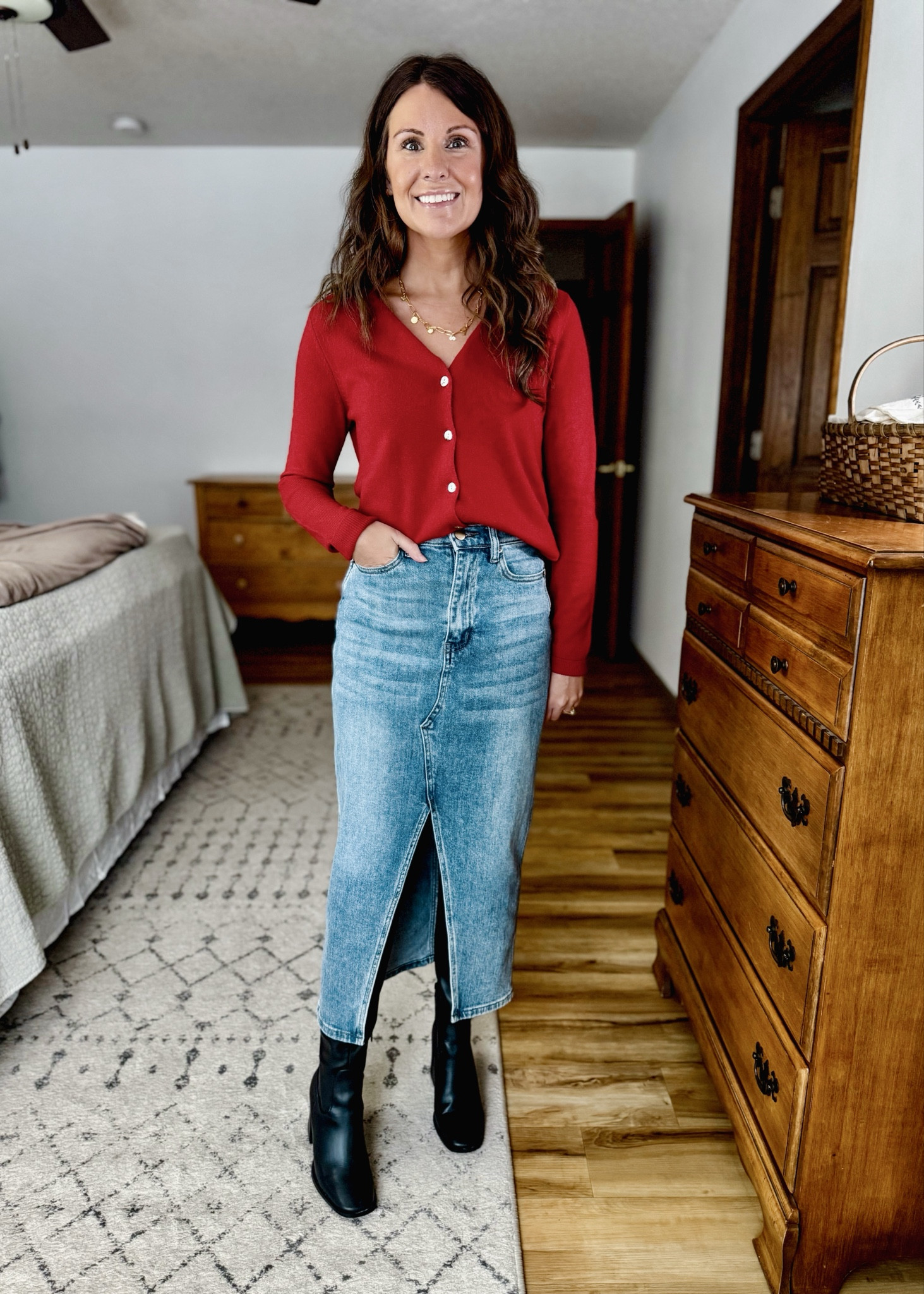 use INFG-25MARISSA10  for 10% off your first order from Quince (new customers only!)

My denim midi skirt is almost sold out,  so I linked a bunch of similar options. 

Size xs in my red cashmere cardigan (also linked more affordable options). My tall boots are size 6.5 and my fleece-lined tights are small/medium. 
 
#quincedenim #quincetryon #cashmeresweater #cottonsweater #cashmerecardigan #cottoncardigan #quincesweater 


#LTKFindsUnder100 #LTKSeasonal #LTKHoliday