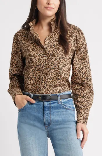 Caslon® Ruffle Puff Sleeve Cotton Button-Up Shirt | Nordstrom | Nordstrom