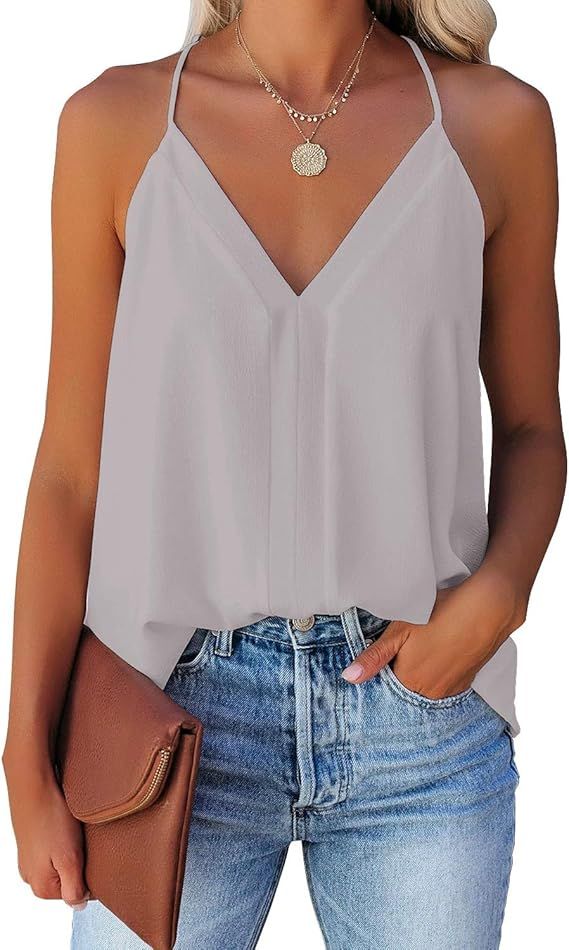 LookbookStore Women Summer V Neck High Low Lace Trimmed Flowy Cami Tank Tops | Amazon (US)