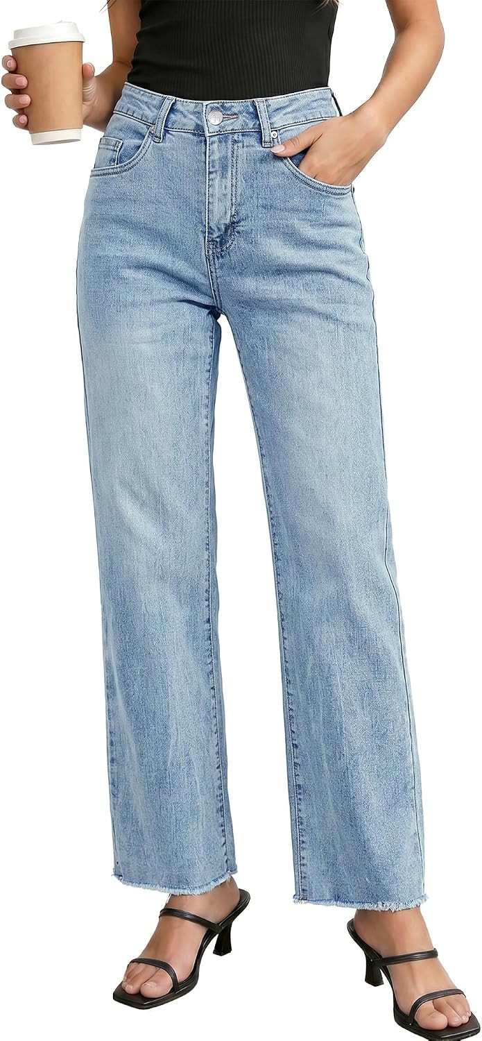 GRAPENT Straight Leg Jeans for Women High Waisted Stretchy Frayed Raw Hem Loose Denim Pants Casual Baggy Jean Trousers | Amazon (US)