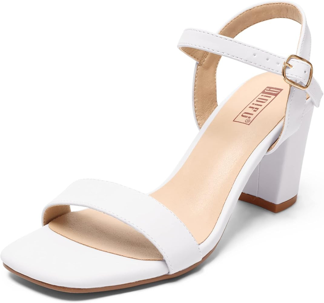 IDIFU Women's Silver Nude Black White Heels for Women 3 Inch Block Heels Chunky Heeled Sandals Open  | Amazon (US)