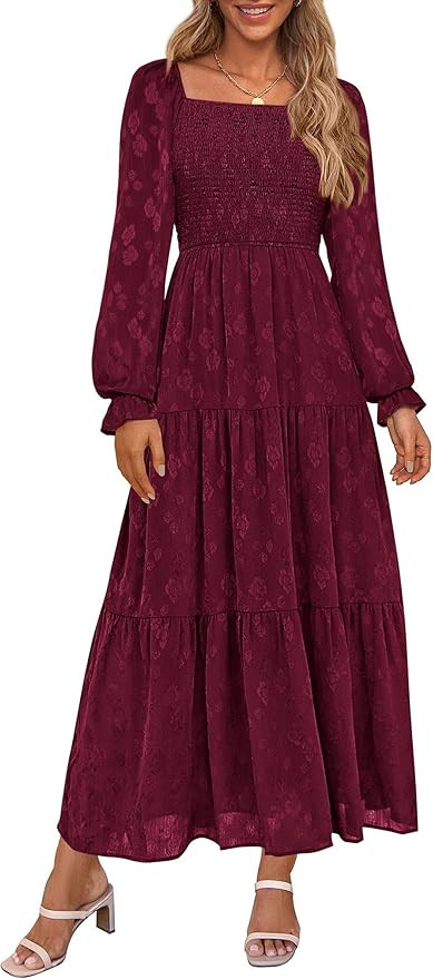 PRETTYGARDEN Fall Wedding Guest Dresses for Women 2025 Floral Long Sleeve Smocked Tiered Elegant ... | Amazon (US)